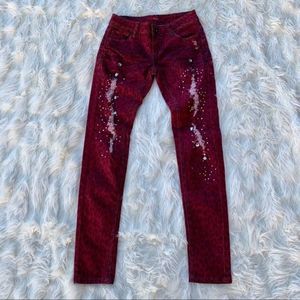 Bongo Cheetah Print Distresses Red Denim Jeans